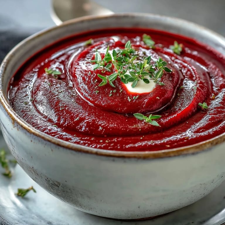 A steaming bowl of Roasted Beet Soup with a vibrant, deep pink color and a side of crusty bread.