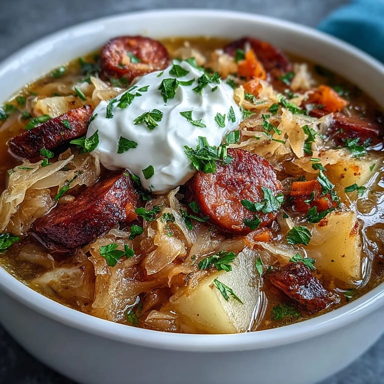 A spoon dipping into a comforting bowl of Sauerkraut Soup, garnished with parsley and a swirl of sour cream.