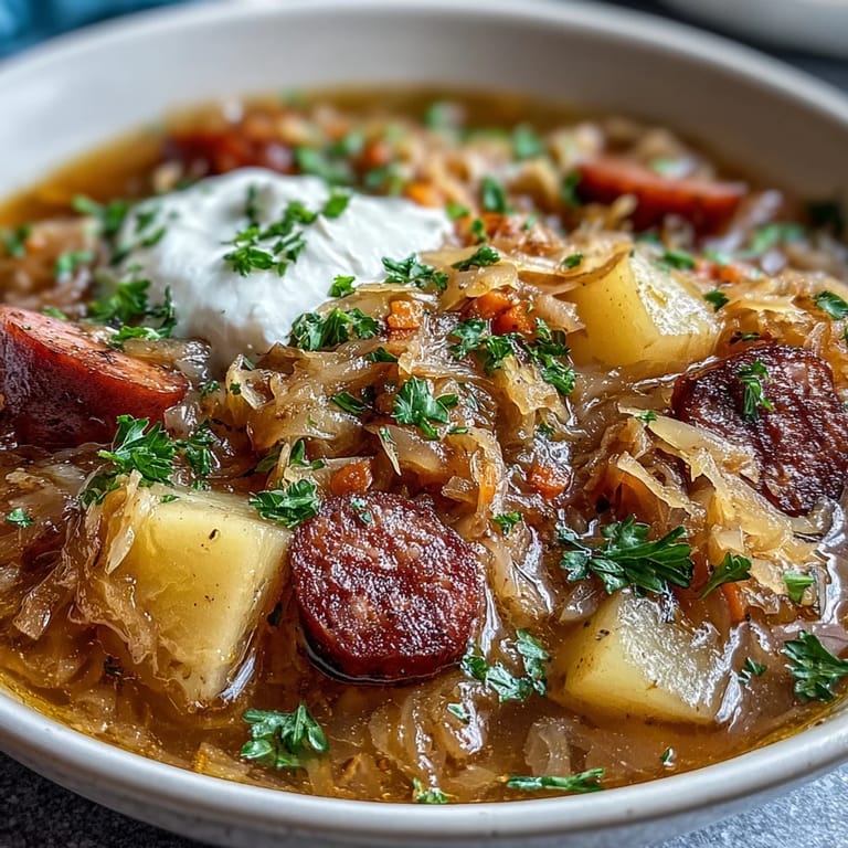 Savory Sauerkraut Soup simmers in a pot, featuring tender potatoes, carrots, and caraway seeds.  