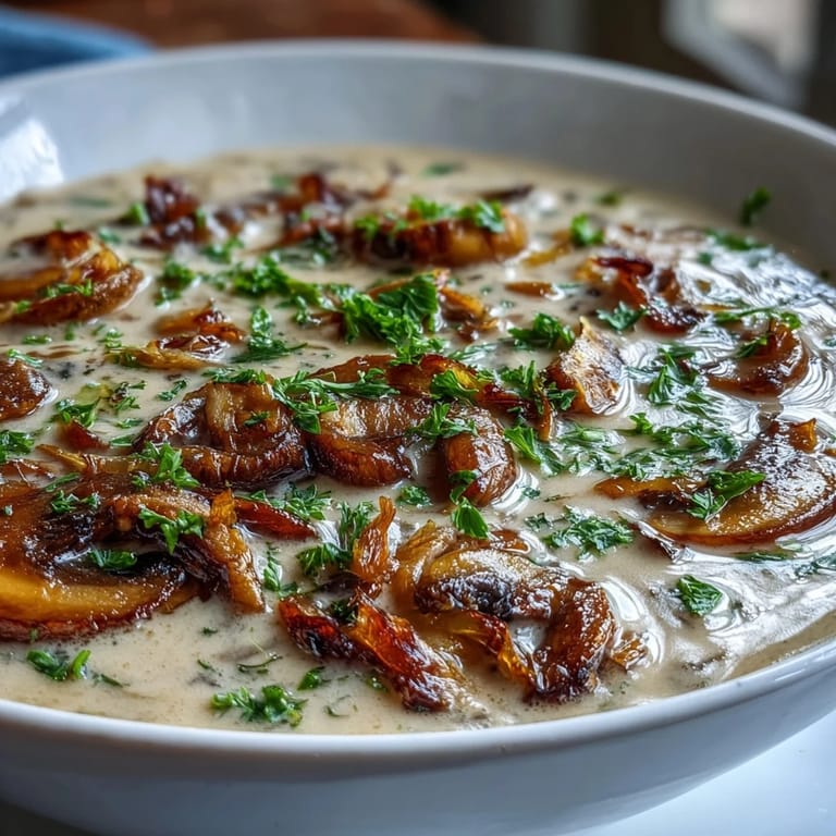 Homemade vegetarian mushroom soup, rich and velvety, topped with fresh parsley and served warm.