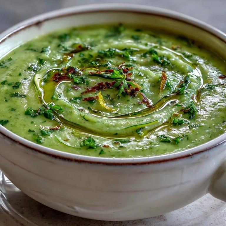 Silky smooth Zucchini Soup in a white ceramic bowl, garnished with fresh herbs and ready to serve as a light appetizer.