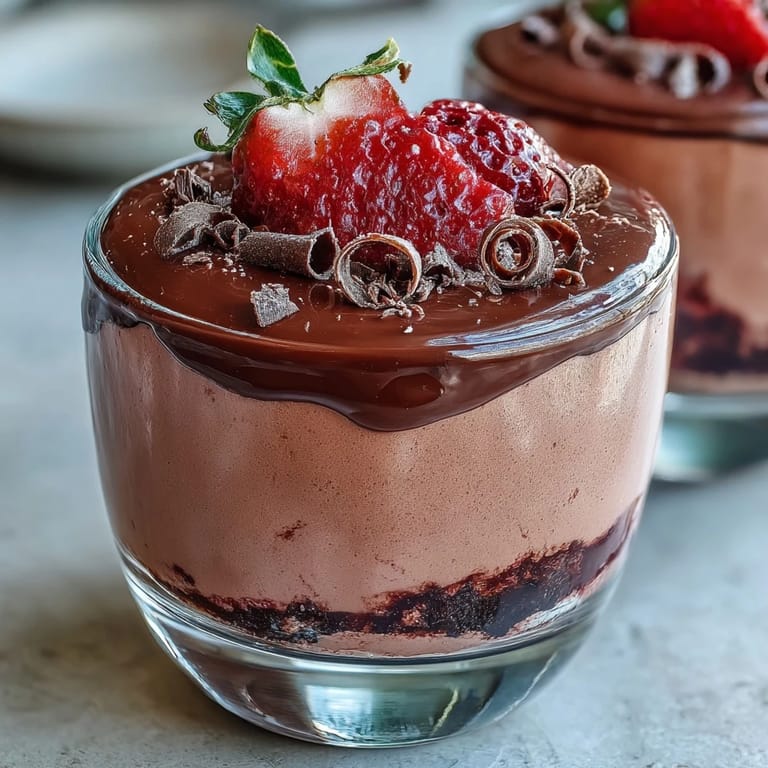 A close-up view of silky Chocolate-Covered Strawberry Mousse garnished with dark chocolate curls and a mint leaf.