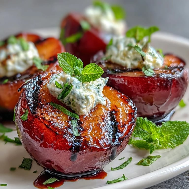 Caramelized grilled plums with goat cheese dollops and honey-balsamic drizzle, ready to serve as an elegant appetizer.