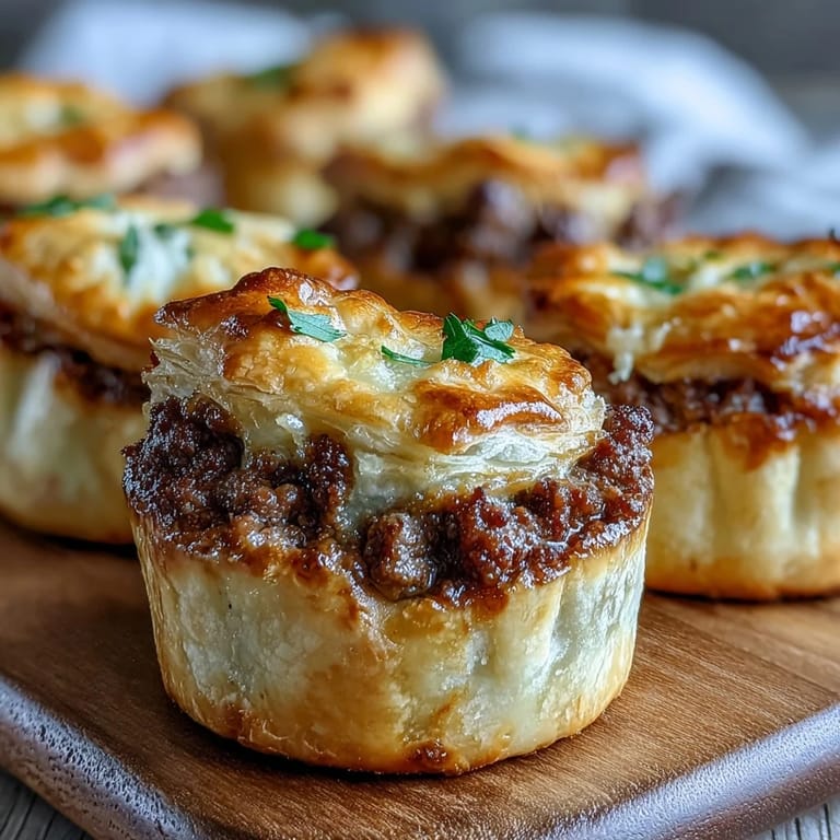 Hand-held Mini Beef Tourtières with crimped edges on a wooden board, showcasing the savory, spiced ground beef filling.