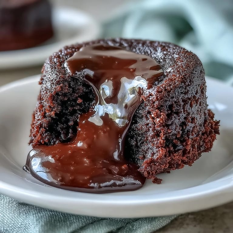 Four ramekins of Chocolate Lava Cakes with Espresso display crackly tops and gooey centers, ready to be served with fresh raspberries.