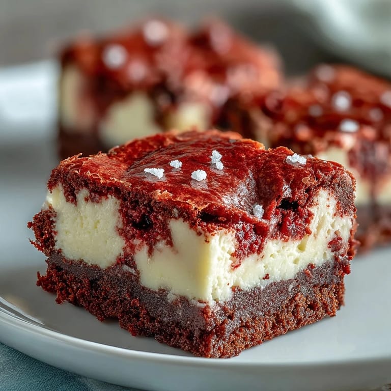 Sliced Red Velvet Cheesecake Brownies on a white plate reveal rich cocoa fudge texture and decadent cheesecake ribbons. 