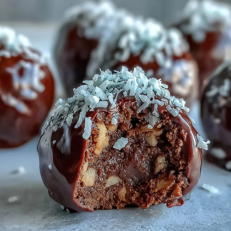Rich chocolate truffles coated with powdered sugar and nuts, ready for serving on dessert tray.