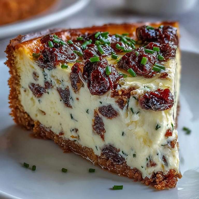 Creamy Kalamata Cheesecake Appetizer with an oregano-breadcrumb crust, topped with extra sliced olives and fresh herbs for a Greek-inspired bite.