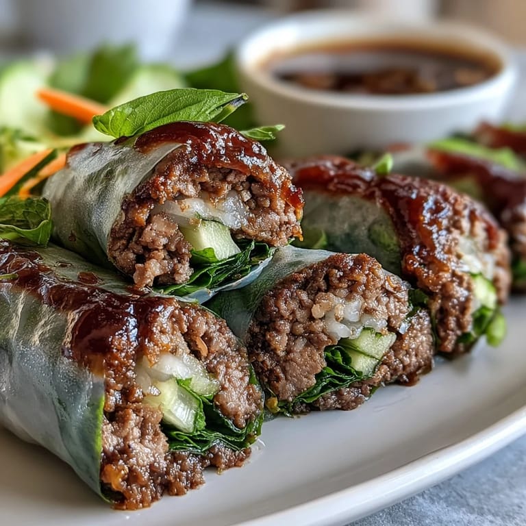 Handheld Thai Basil Beef Rolls on a platter, featuring tender beef and fresh herbs, perfect for a light lunch.