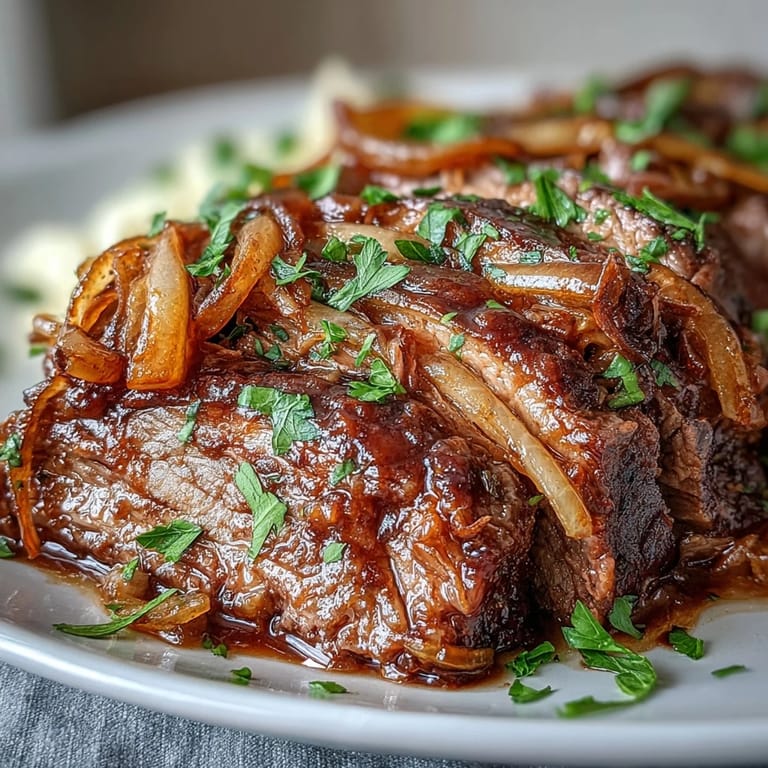 Tender slices of Savory Crock Pot French Onion Pot Roast served over mashed potatoes with rich, savory juices.