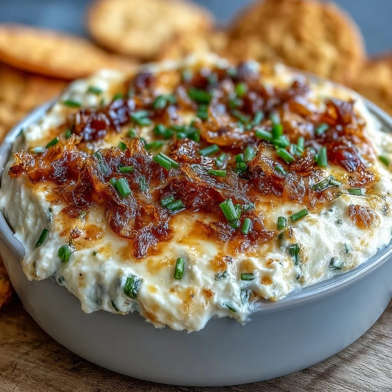 Fresh chives garnish this creamy Smoked Gouda & Onion Dip, served with crisp tortilla chips for dipping.