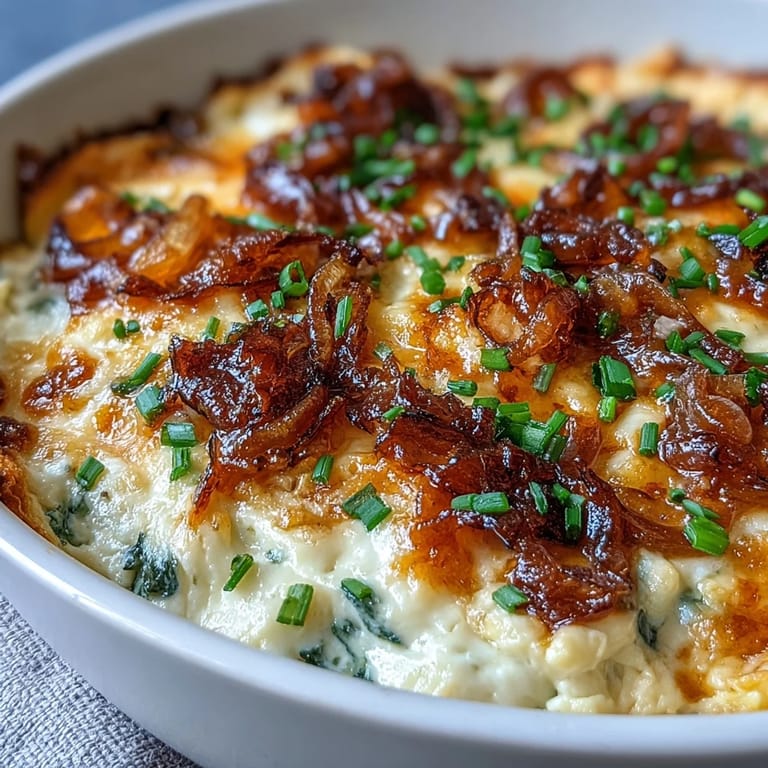 A spoon scoops into rich Smoked Gouda & Onion Dip, revealing a gooey texture perfect for party appetizers.