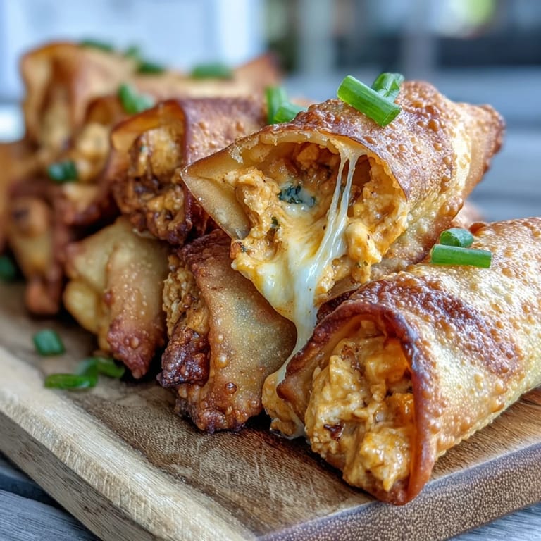 Freshly fried Buffalo Chicken Dip Egg Rolls feature crunchy wrappers and zesty green onions on a white platter.