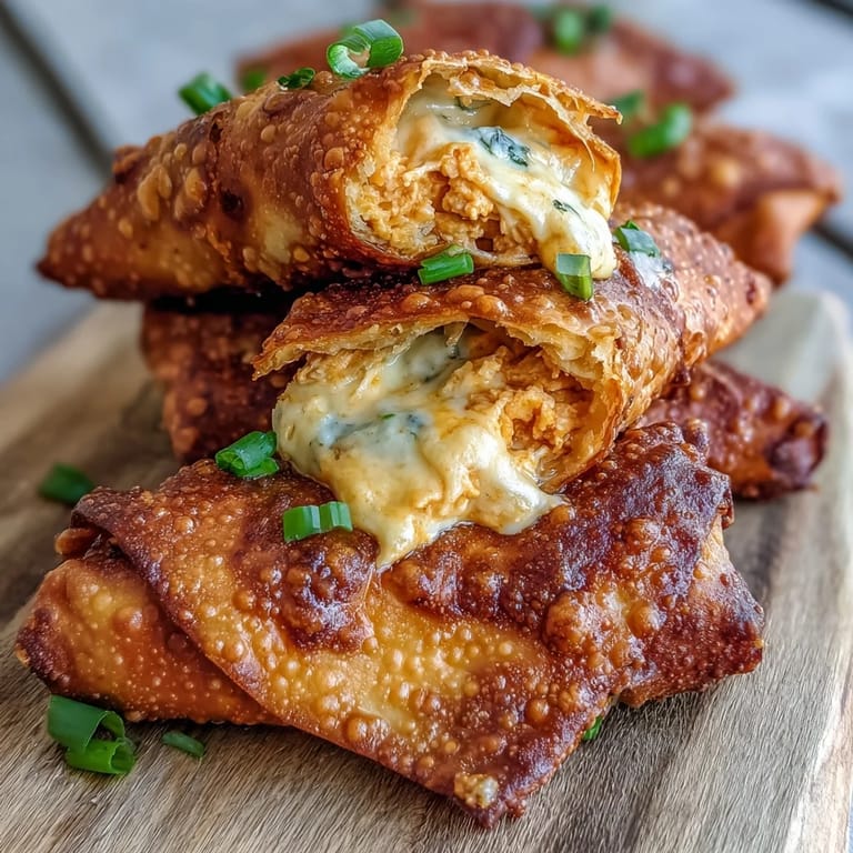 Four golden-brown Buffalo Chicken Dip Egg Rolls are arranged with celery sticks and a ramekin of buffalo sauce.