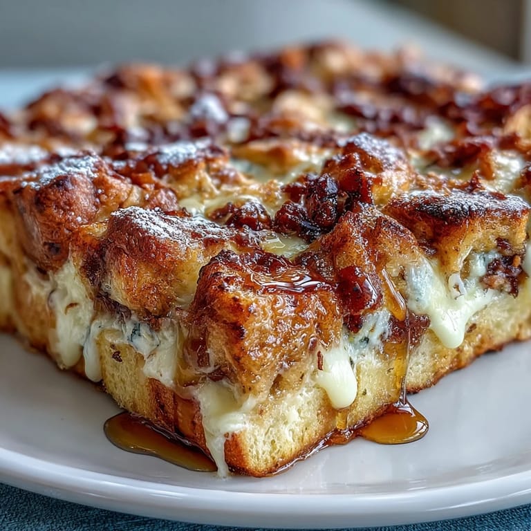 A slice of baked Monte Cristo Breakfast Casserole on a plate, ready for brunch with sweet and savory flavors.