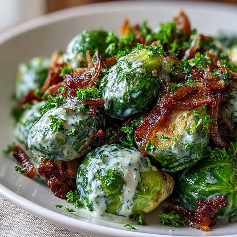 Roasted Brussels sprouts tossed in a velvety cream cheese and mustard sauce, with visible garlic, onion, and a bright lemon finish.