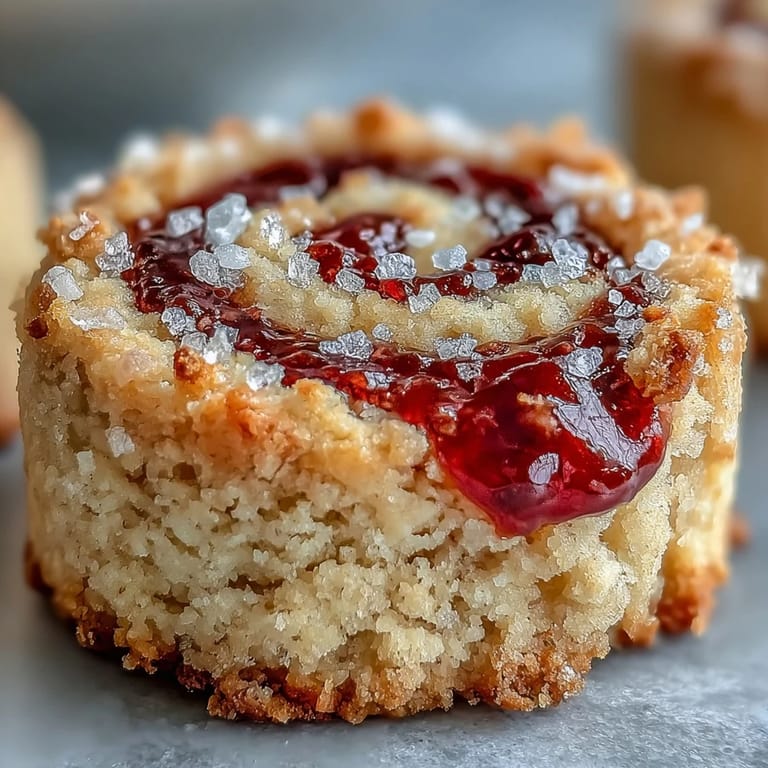 Freshly baked shortbread cookies with a bright red raspberry jam swirl, perfect for an afternoon dessert or homemade gift.