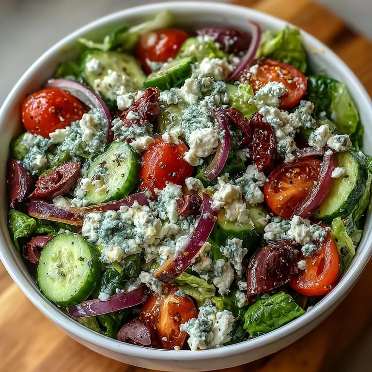 Bright Greek Salad Bowl featuring juicy cherry tomatoes, crunchy cucumbers, and tangy red onion, ready to serve chilled.
