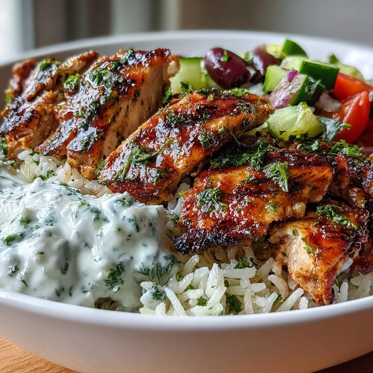 A wholesome Greek Chicken Bowl featuring vibrant Mediterranean ingredients, drizzled with tangy tzatziki and garnished with fresh parsley and lemon wedges for brightness.