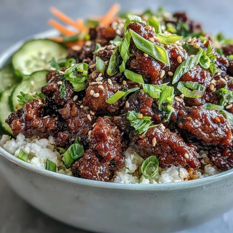 Ground beef coated in a glossy, spicy gochujang sauce fills the serving bowl with aroma.