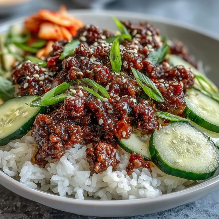 Fork-tender Korean Ground Beef Bowl topped with crisp cucumber, carrots, and tangy kimchi.