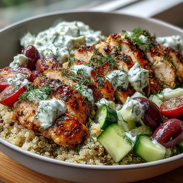 Sliced marinated chicken over a vibrant Greek Chicken Power Bowl featuring quinoa and fresh vegetable toppings.