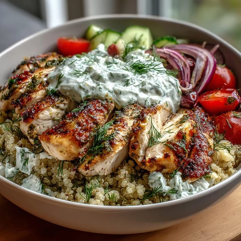 A close look at the Greek Chicken Power Bowl with juicy chicken, olives, and a generous dollop of tzatziki.