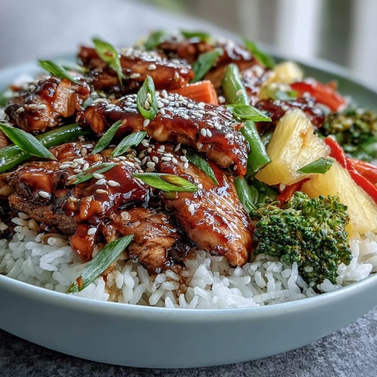 Steaming Teriyaki Chicken and Rice Bowl garnished with fresh pineapple chunks and sliced green onions.