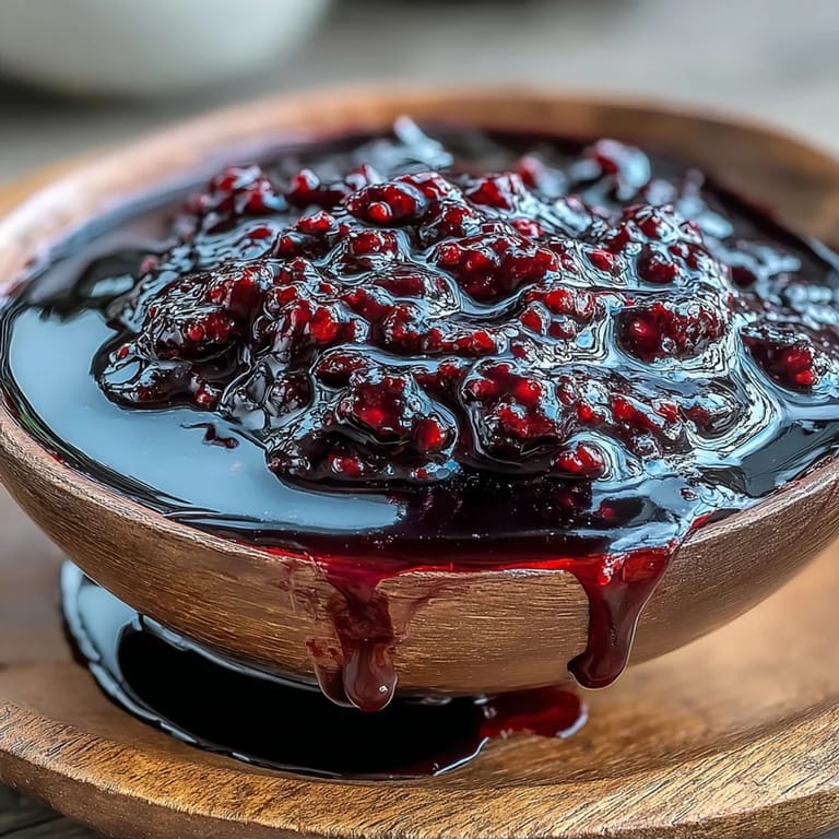 A small saucepan simmering a deep purple Black Currant Reduction, surrounded by fresh berries and a splash of red wine for a French-inspired presentation.