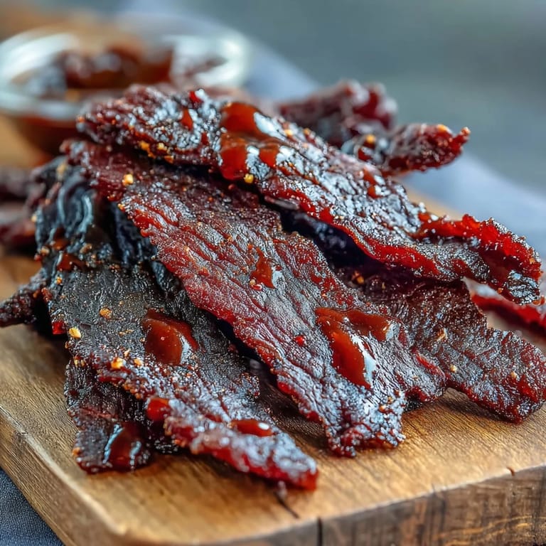 Slices of dried Black Currant Smoky Jerky are stacked high on a rustic platter.