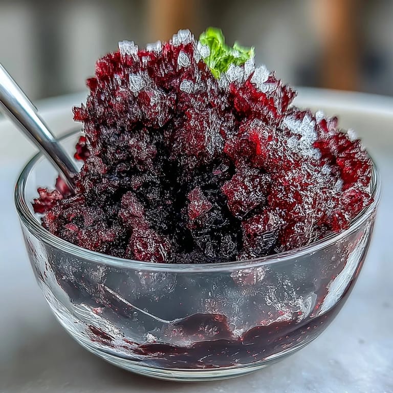A fork fluffing the icy texture of homemade black currant granita in a metal pan.