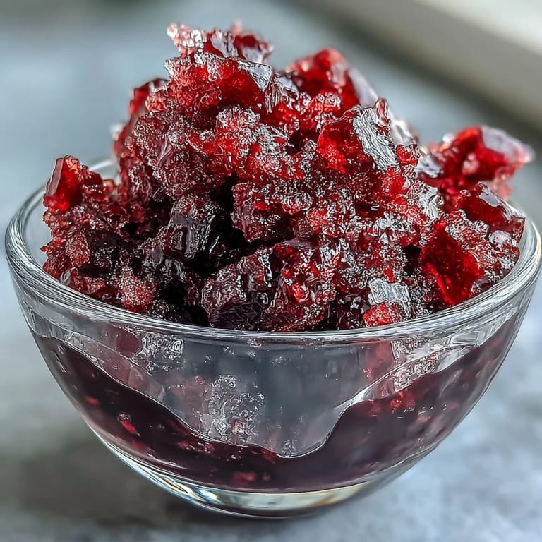 Serving suggestion for black currant granita in a glass bowl, garnished with fresh black currants.