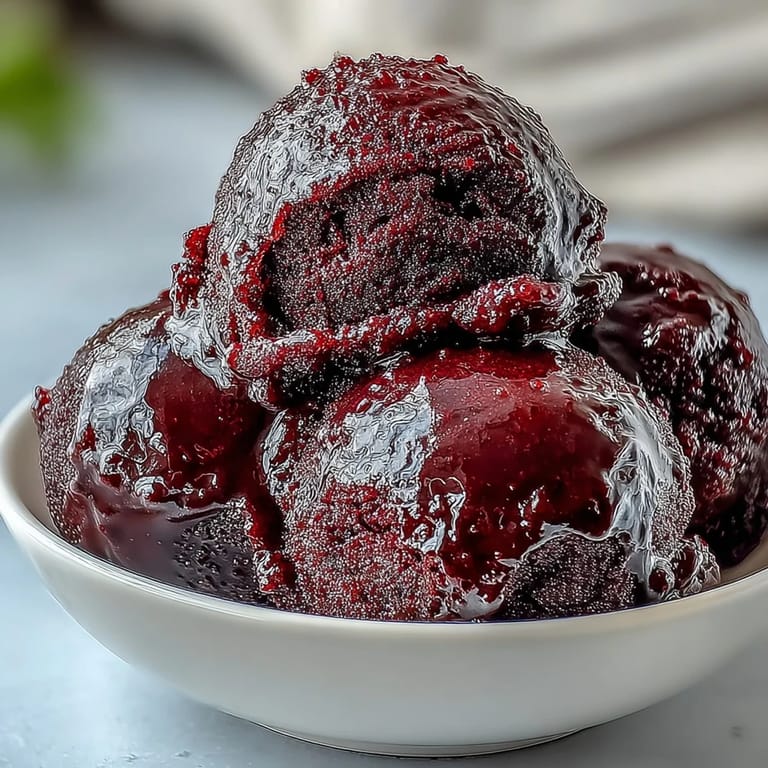 Bright purple Black Currant Sorbet is served in a chilled glass dish, reflecting summer sunlight and looking incredibly refreshing.
