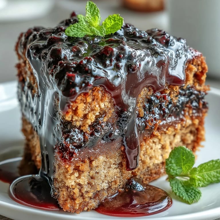Golden peanut butter cake reveals a vibrant black currant jam center, served on a rustic plate for dessert.