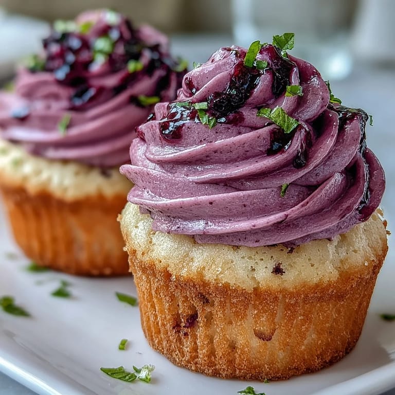 Freshly baked Olive Oil Cupcakes With Black Currant Frosting garnished with lemon zest, served elegantly for afternoon tea.