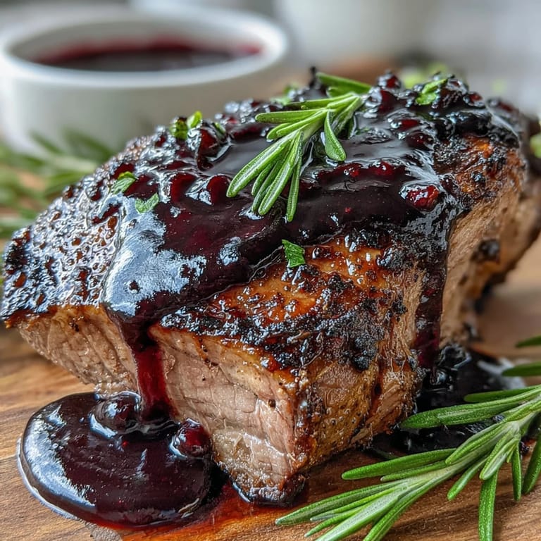 A spoon lifts the deep purple Black Currant and Rosemary Reduction over a plated pork tenderloin.