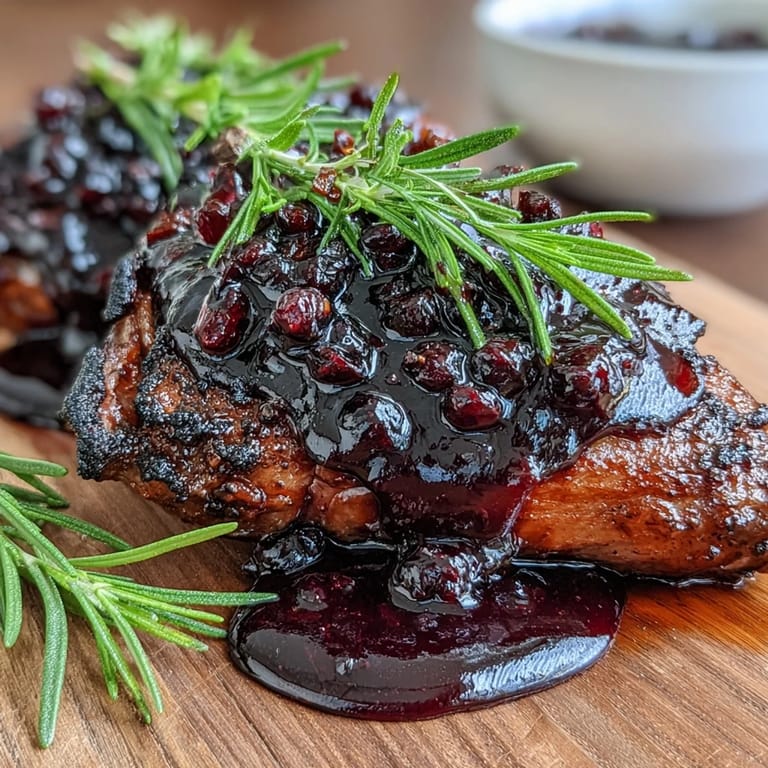 Homemade Black Currant and Rosemary Reduction in a white bowl, surrounded by fresh rosemary sprigs.