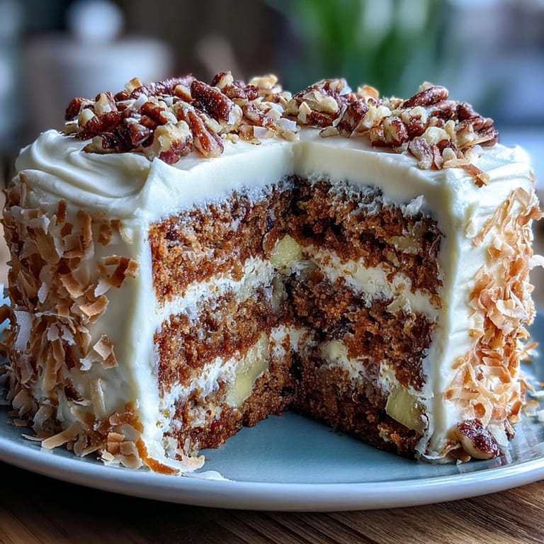 Top-down view of a whole Christmas Hawaiian Carrot Pineapple Cake with luscious cream cheese frosting, shredded carrots, and crushed pineapple visible in the crumb.  