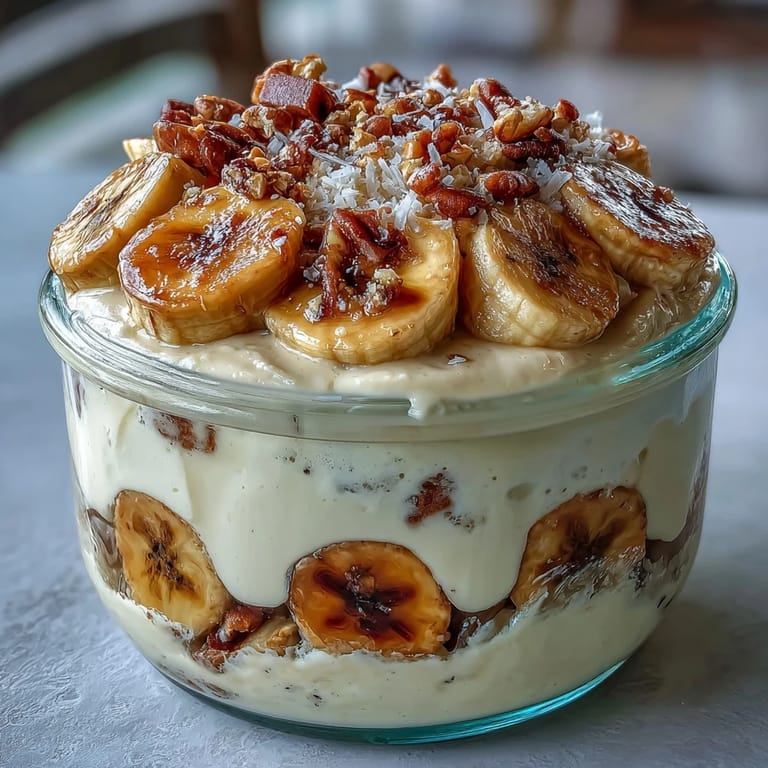 A spoon scoops into a chilled Protein Banana Pudding, revealing smooth Greek yogurt and protein-rich layers.