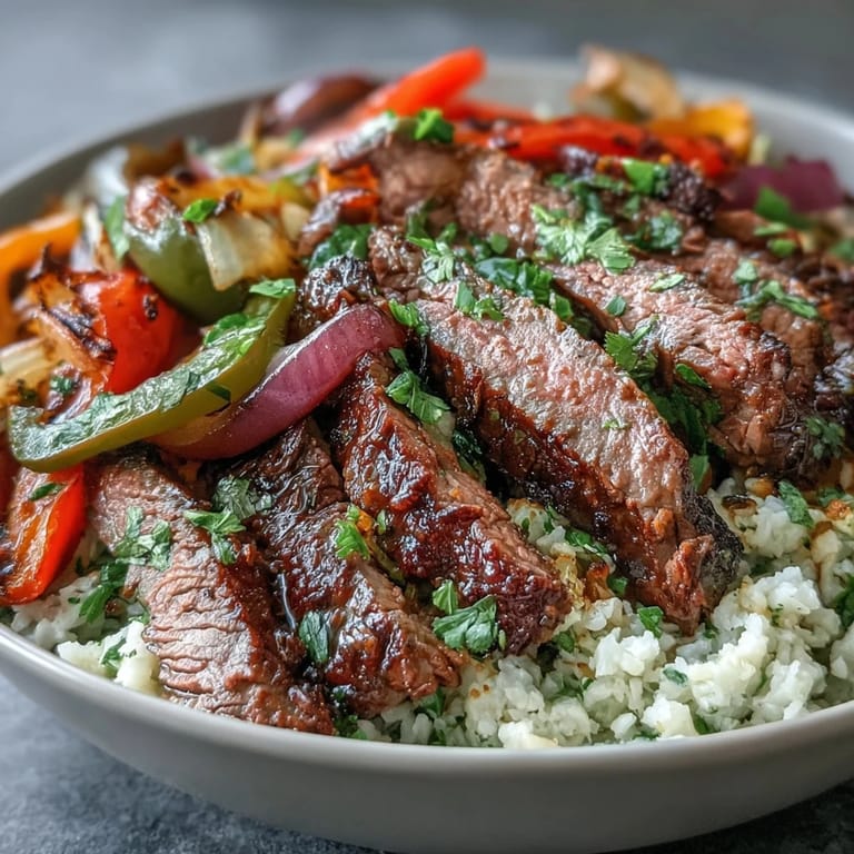 A close-up view shows tender steak and colorful veggies in a low-carb Steak Fajita Bowl garnished with fresh avocado and cilantro.