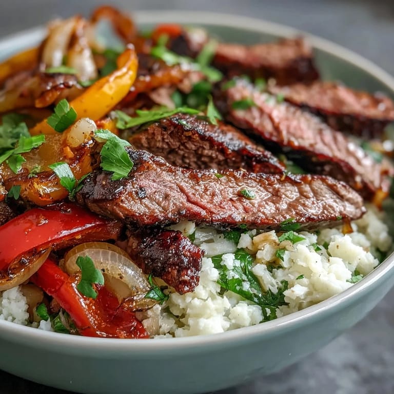 Cheesy and creamy, this hearty Steak Fajita Bowl features juicy steak, charred vegetables, and cauliflower rice, perfect for a healthy Tex-Mex meal.