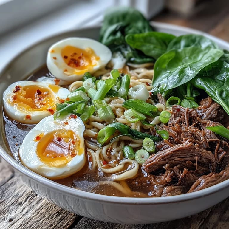 A warm bowl of slow cooker beef ramen noodles topped with chili oil and fresh vegetables, perfect for a family dinner.