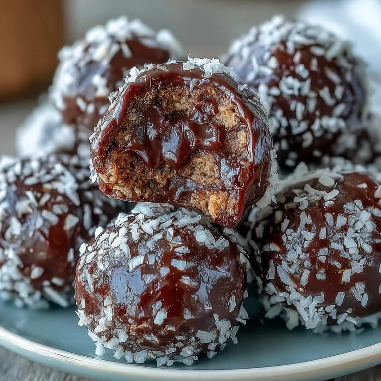 A hand holding a single, bite-sized Moose Bite treat above a plate, showcasing the easy no-bake dessert texture and sweet appearance.