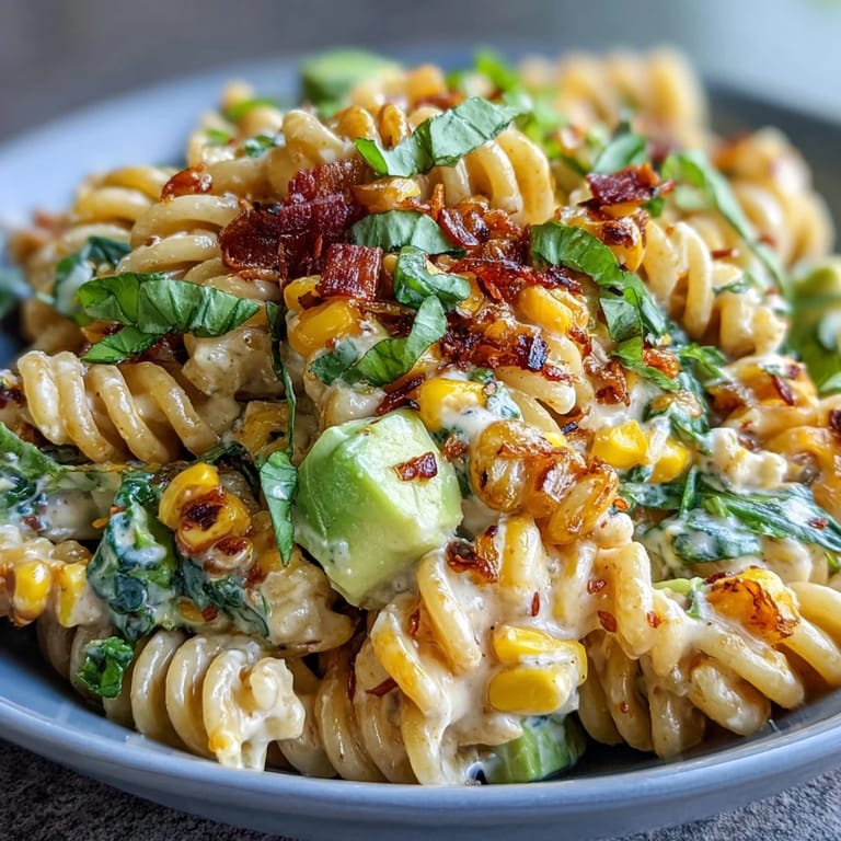 Hearty Creamy Street Corn Pasta Salad garnished with lime mayo, cotija, avocado, and a drizzle of chili butter for a smoky finish. 