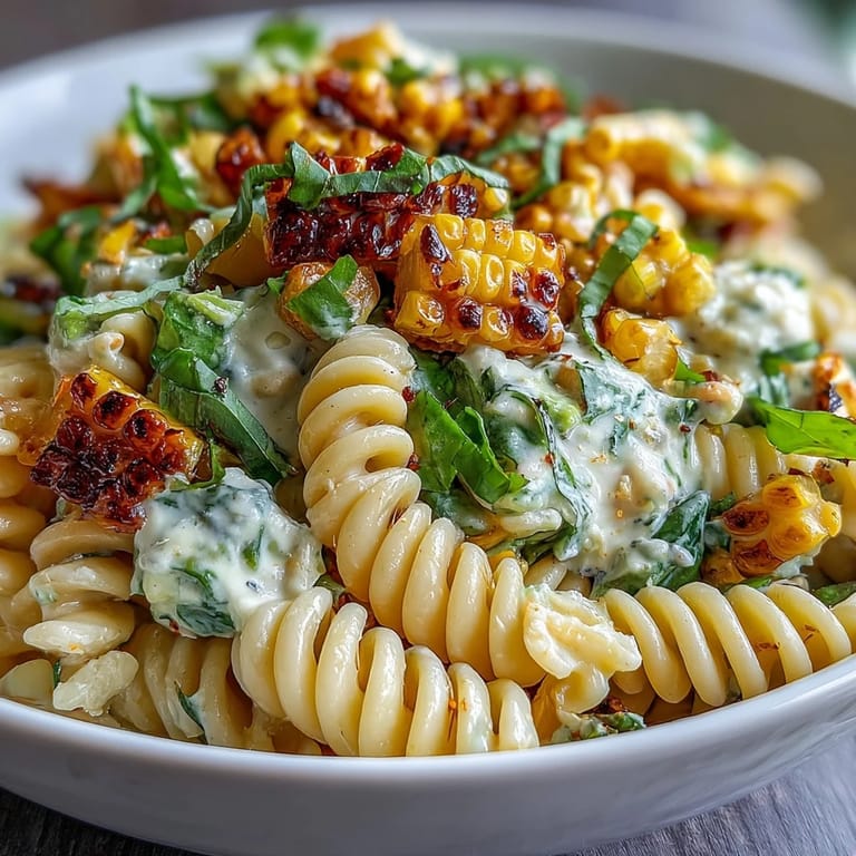 Vibrant Creamy Street Corn Pasta Salad featuring rotini, romaine, and basil, perfect for a summer potluck or backyard BBQ side.