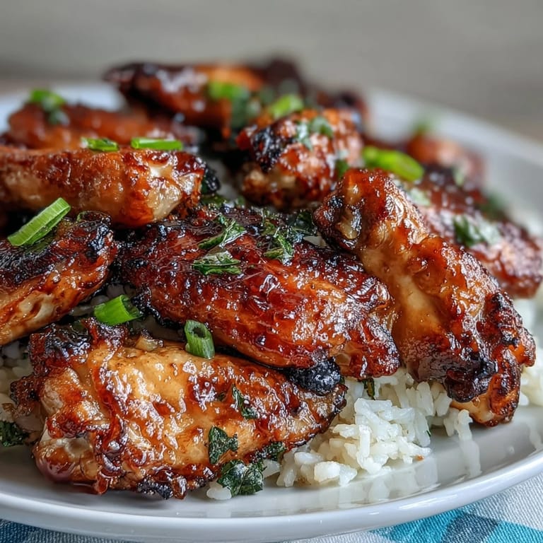 Crisp, oven-baked wings in honey garlic BBQ sauce are arranged over buttery rice on a plate, ready to serve.