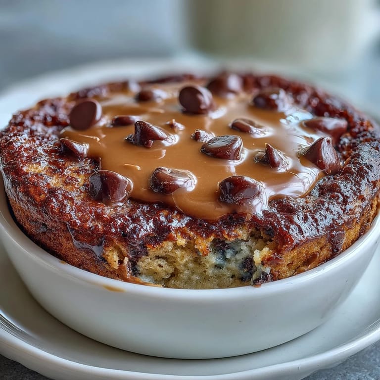 Gooey baked Peanut Butter Cup Protein Pancake Bowl served with sliced bananas and chopped peanuts for extra crunch.