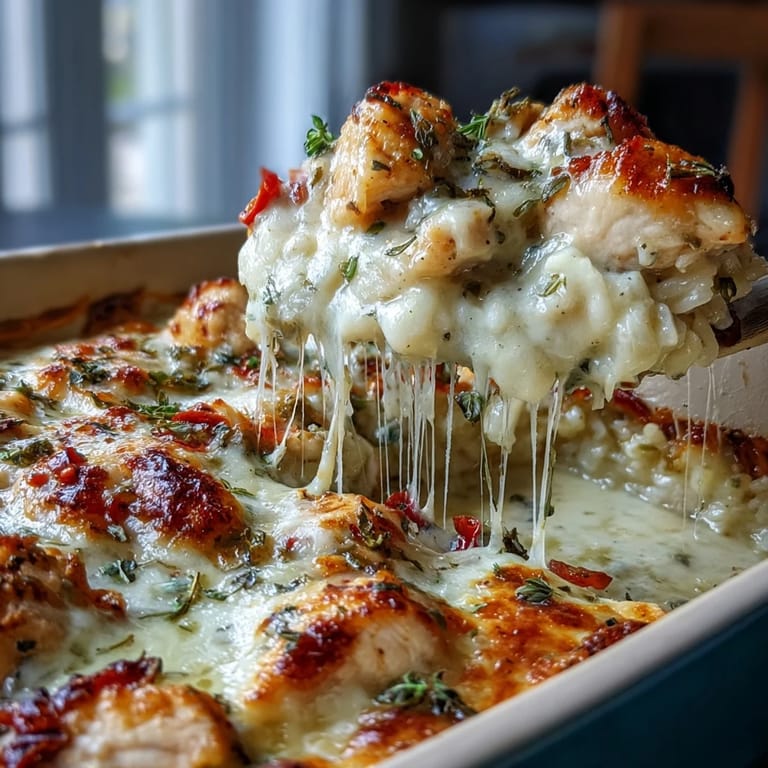 Comforting Creamy Garlic Chicken & Rice Casserole scooped onto a white dinner plate.