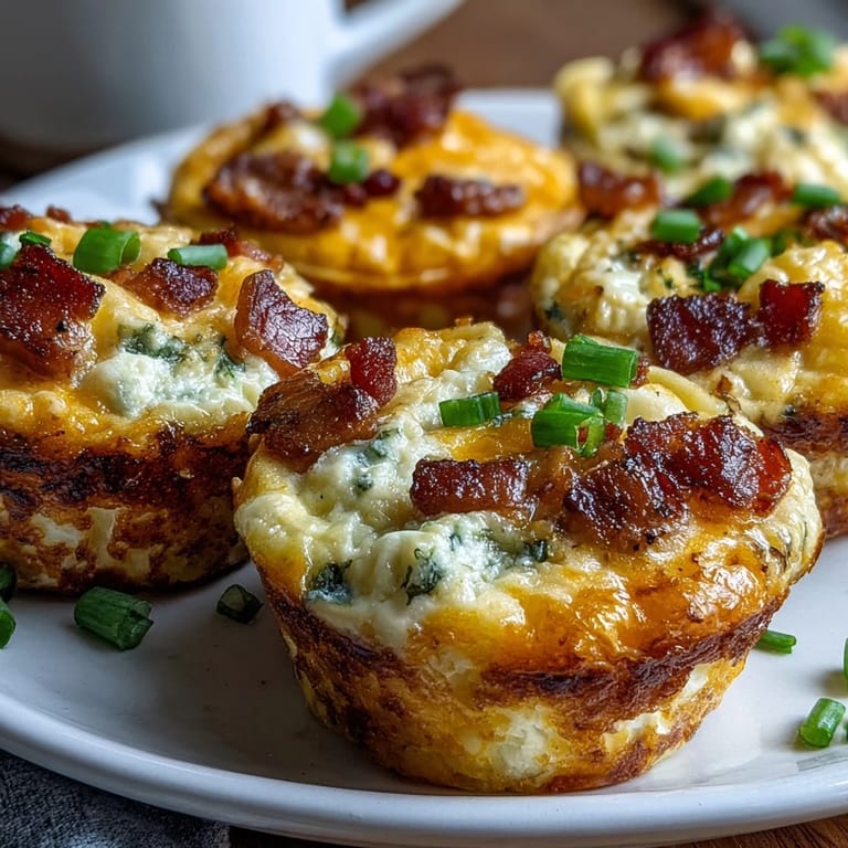 Close-up of Ranch Bacon Breakfast Egg Bites revealing a fluffy texture, speckled with green onions and chunks of crispy bacon.