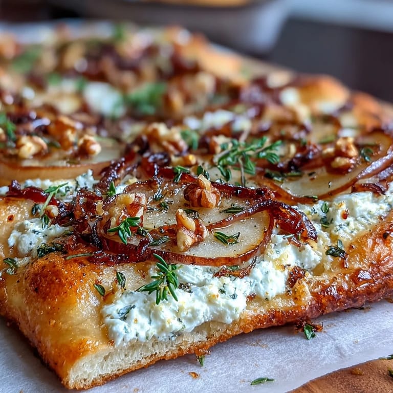 Fresh thyme and chopped walnuts garnish this warm Goat Cheese & Pear Flatbread, served as an appetizer on a rustic cutting board.